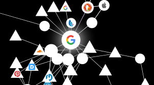 Image of the addon Lightbeam for firefox which shows a mesh network linking all websites to Google