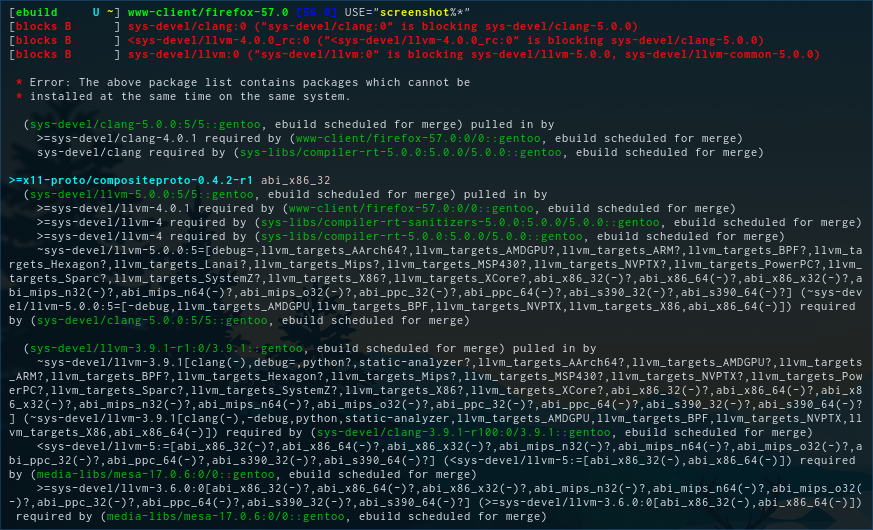 emerge Firefox build output with llvm and mesa build blocking